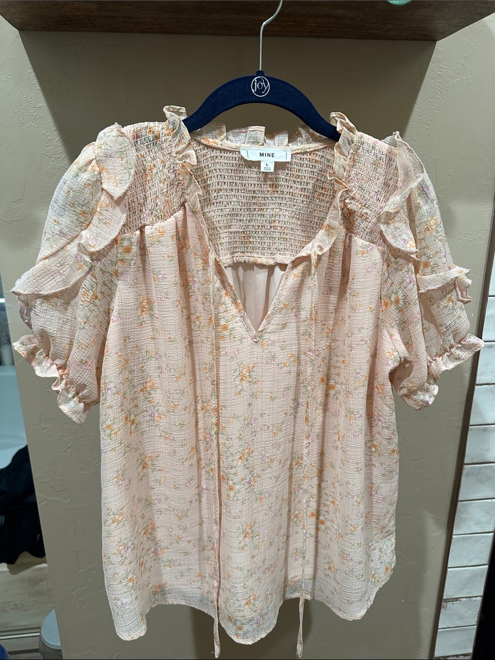 MINE Peach Floral Ruffle Peasant Blouse